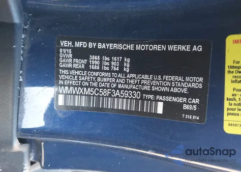 2015 Mini Hardtop Cooper z USA, uszkodzony, nr VIN WMWXM5C58F3A59330